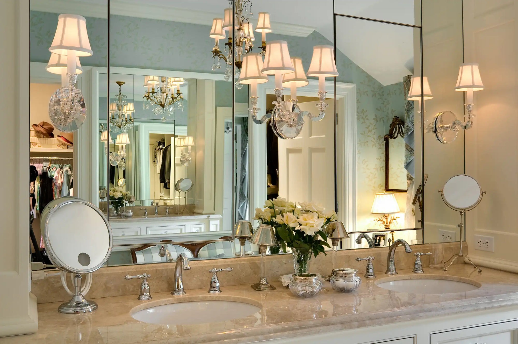 Elegant bathroom vanity with mirrors and lights showcasing smart medicine cabinet organization by ACE DECOR.