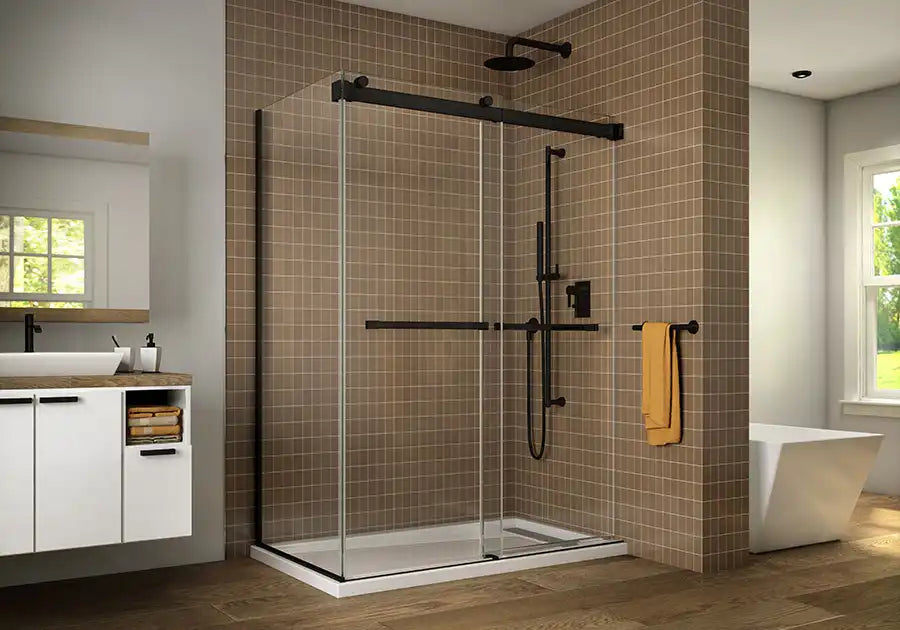 Stylish bathroom with frameless slider shower door and black hardware design