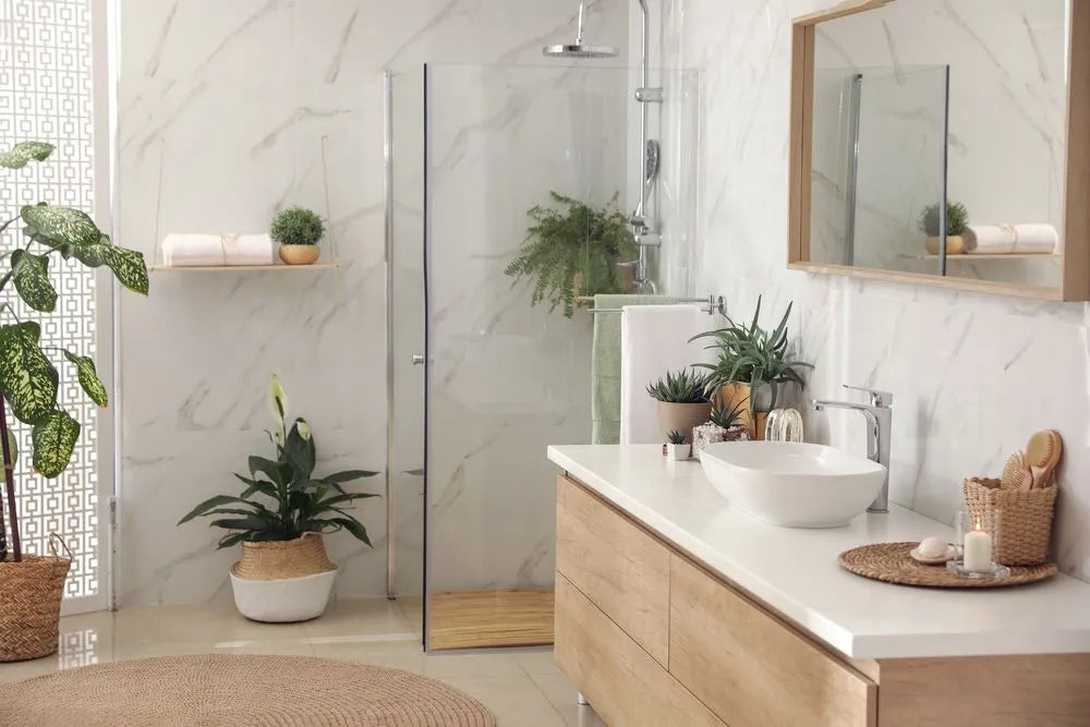 Minimalist bathroom decorated with multiple shower plants and greenery
