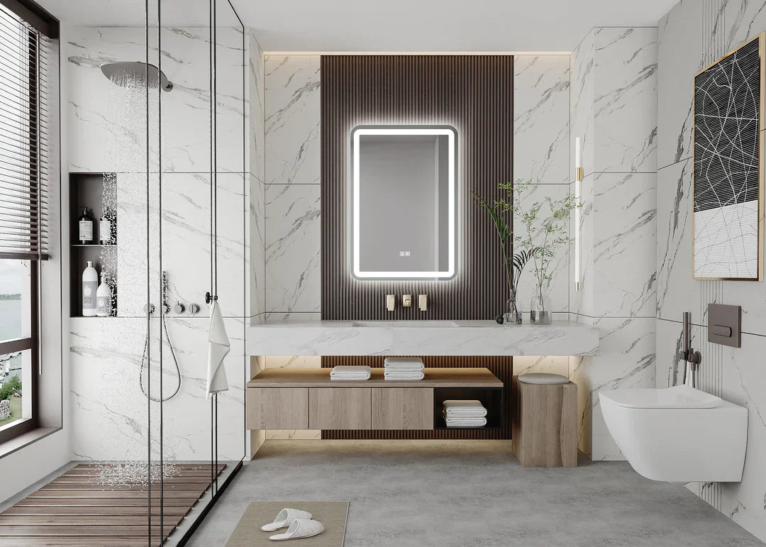 Modern anti-fog bathroom mirror with LED lighting, offering a sleek design for a stylish and functional bathroom