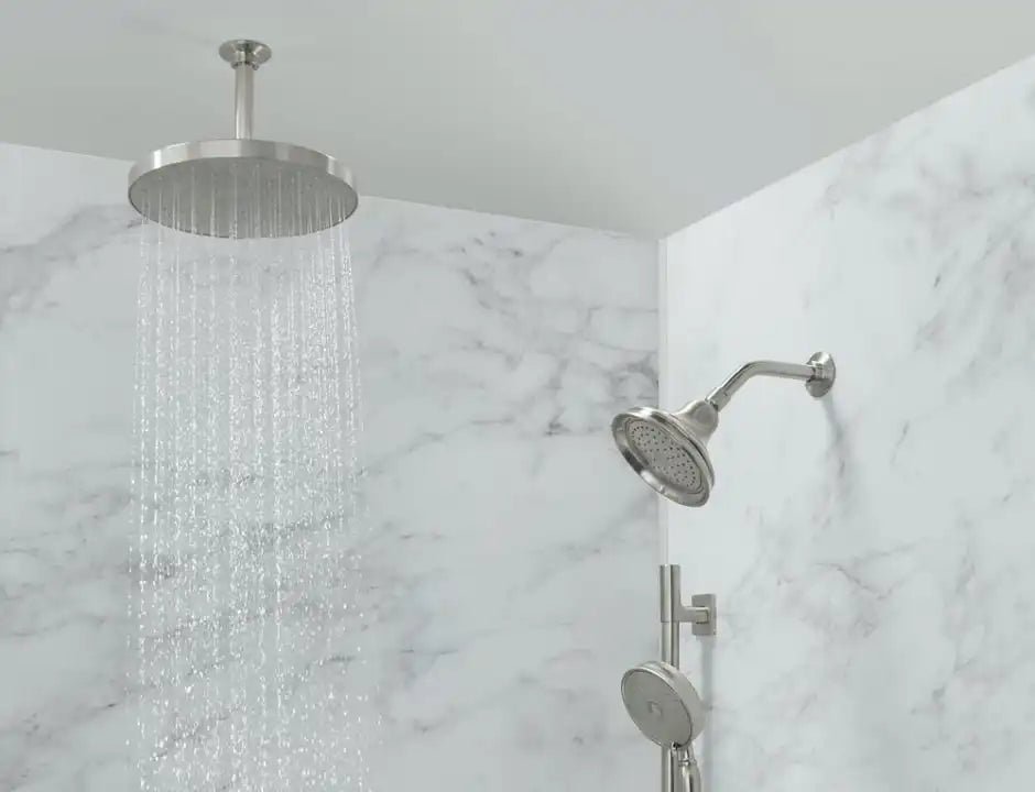 Modern bathroom with high flow shower head and rainfall shower system