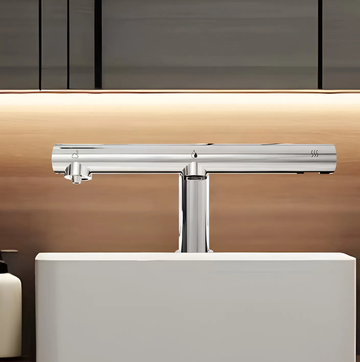 Modern touchless faucet with chrome finish, minimalist design, white basin, warm wood accents. Sleek hands-free bathroom technology.