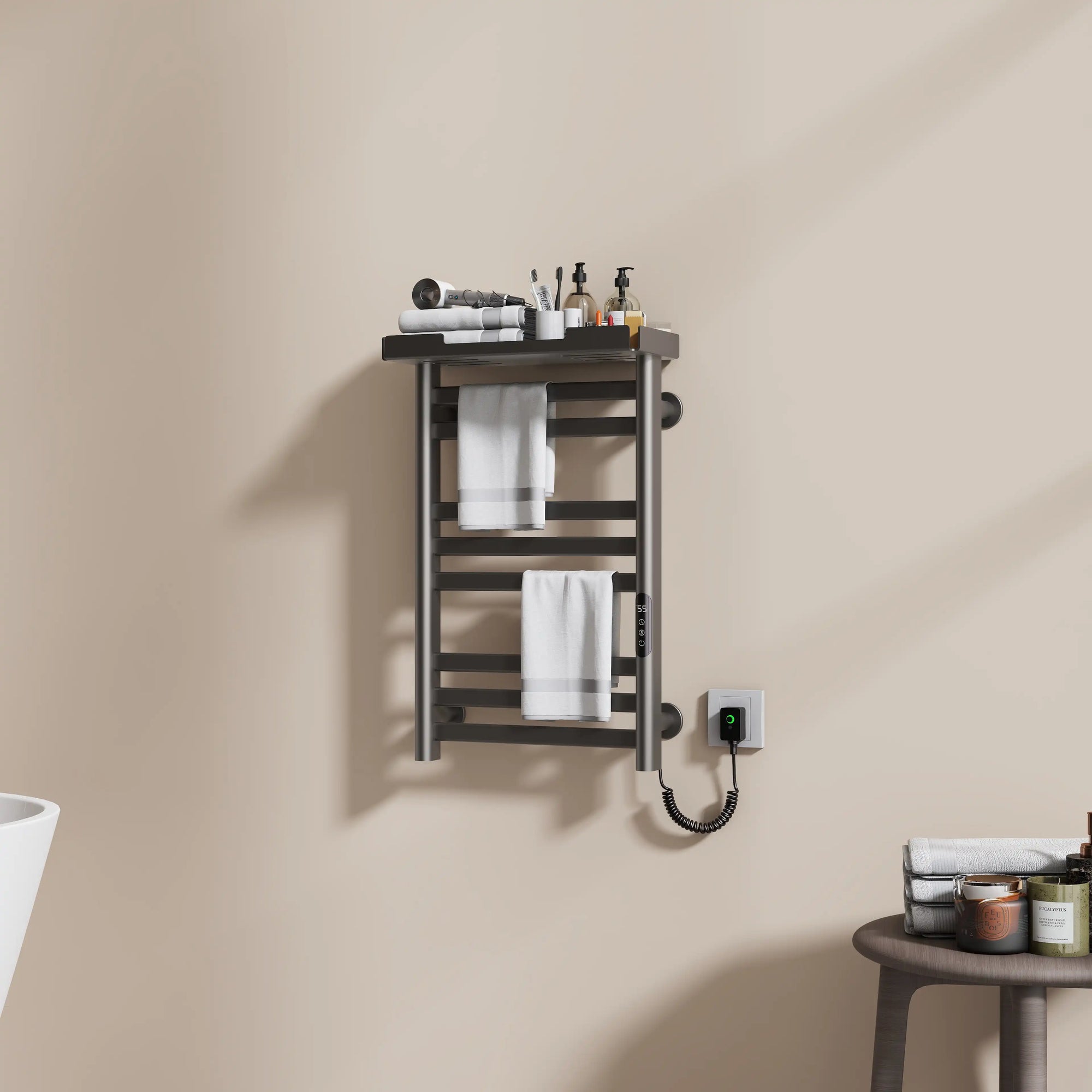 18 x 27 gray hot towel warmer with shelf and folded towels in modern bathroom | Ace Decor
