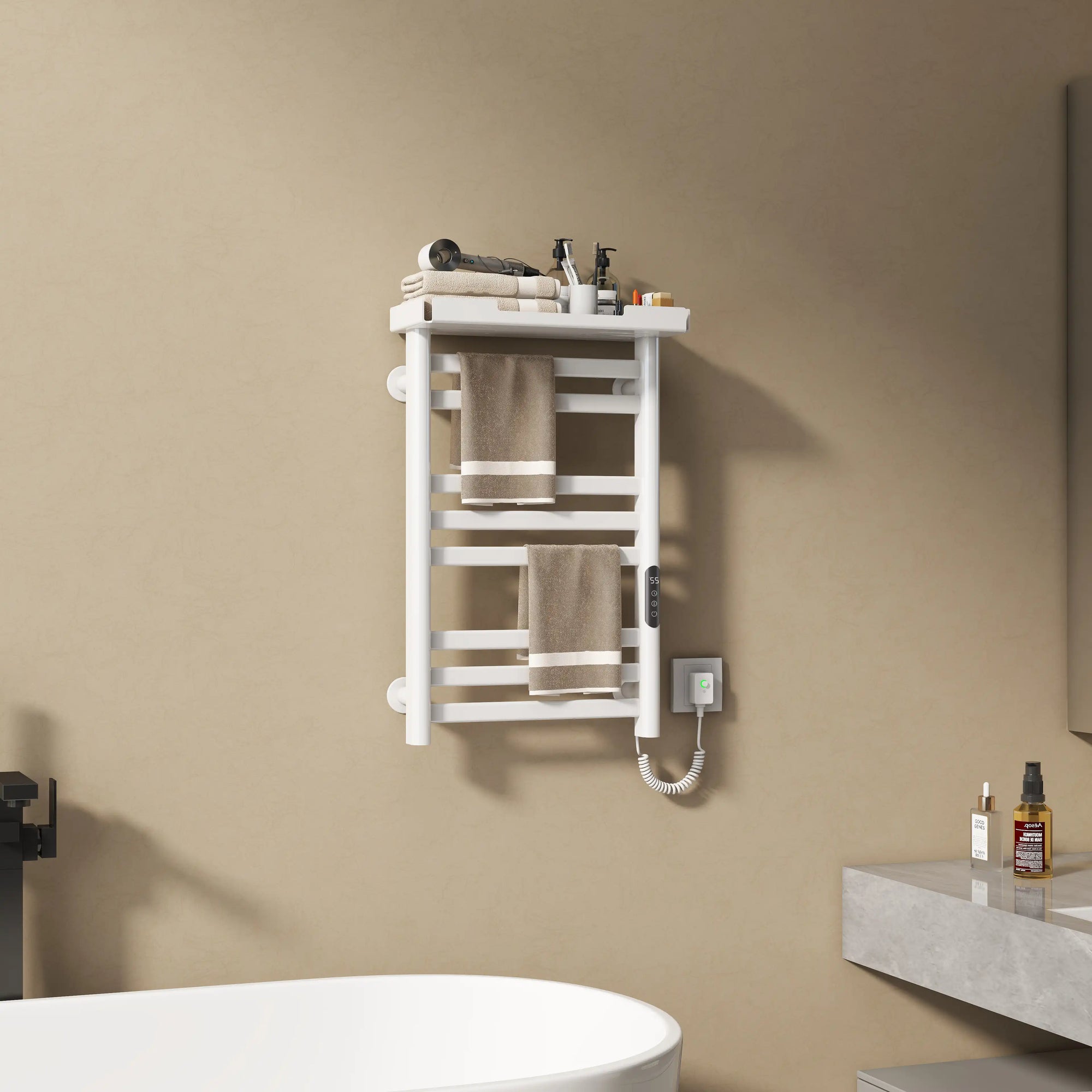 18 x 27 white hot towel warmer for home with top storage shelf and neatly folded towels | Ace Decor