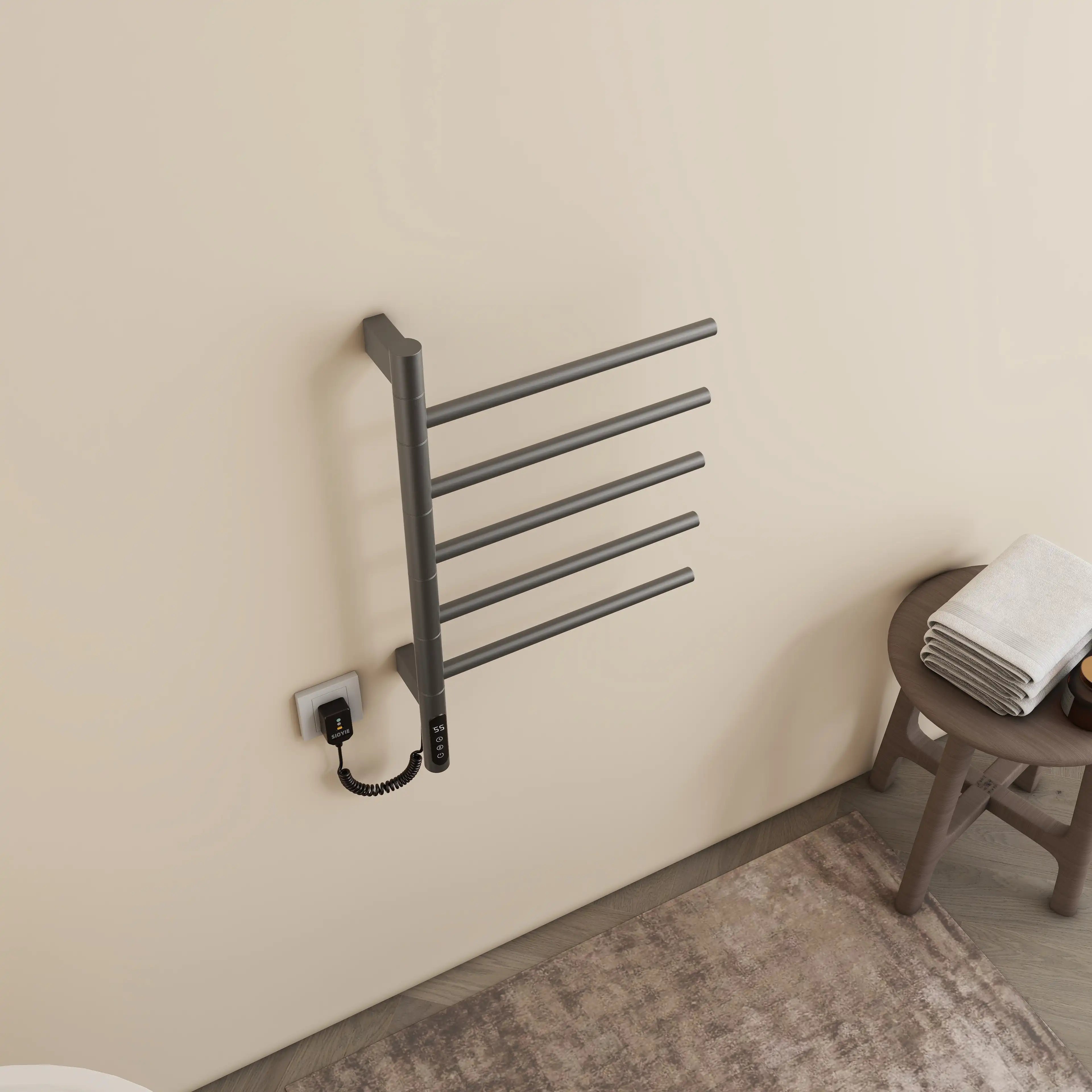 Gray Orven Series towel heater rack 16 x 27 viewed from top angle showing five rotating bars | Ace Decor