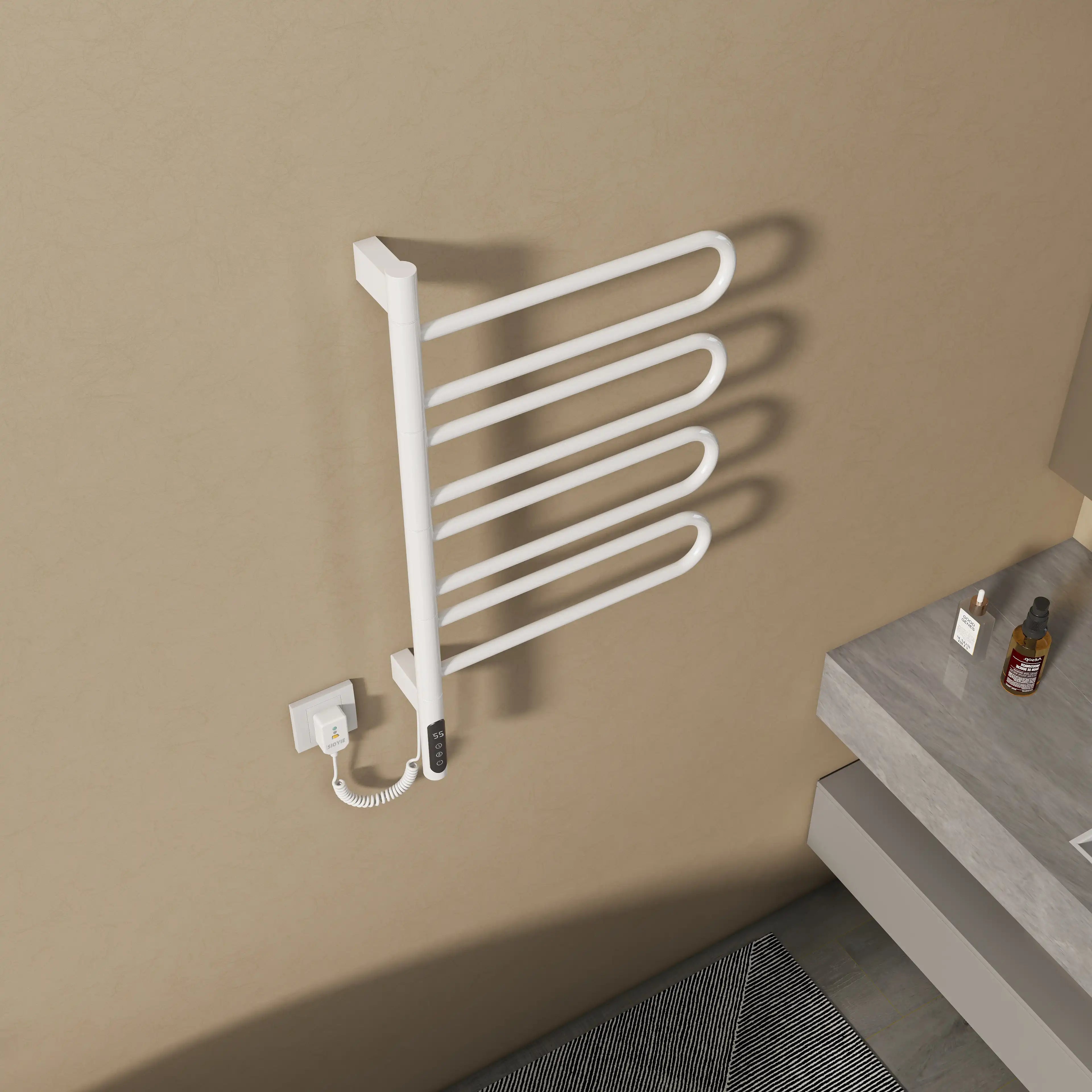 Top view of 17 x 31 electric towel bar warmer with glossy white curved arms and smart control panel | Ace Decor