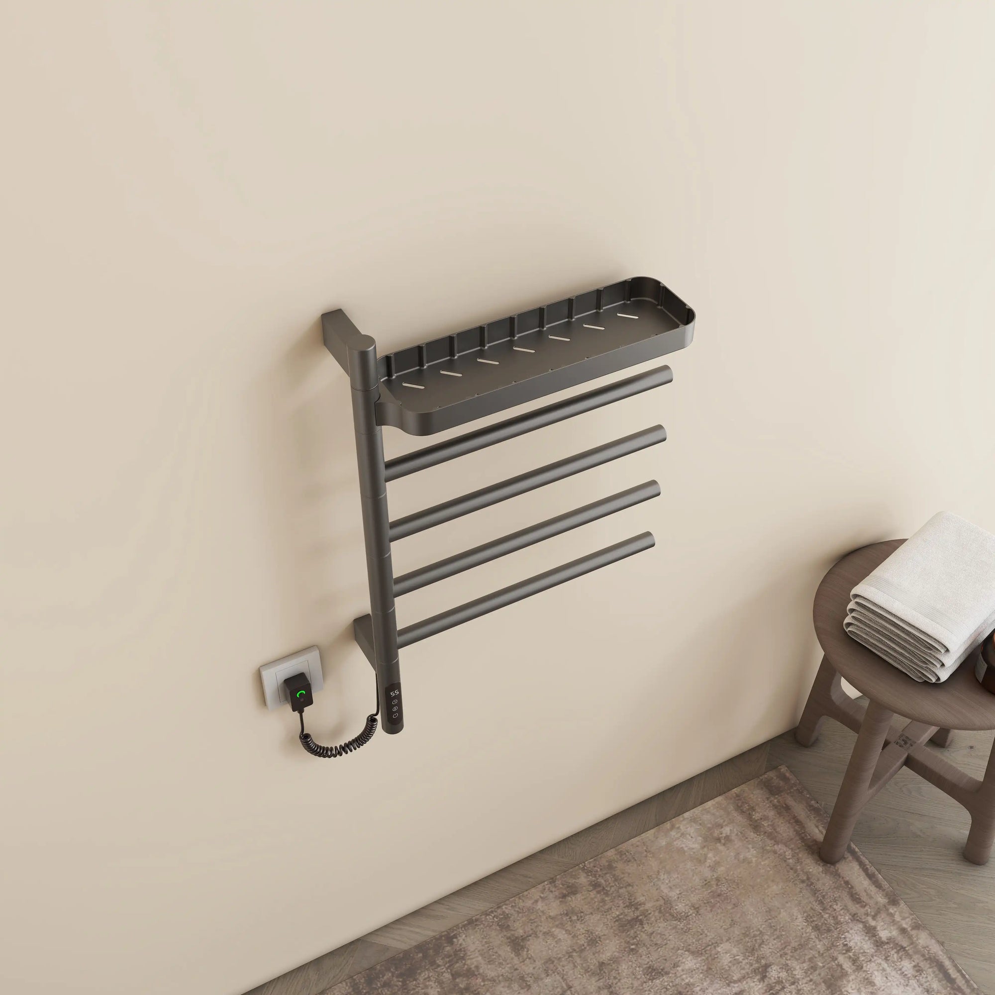 modern gray heated towel rack with shelf 18 x 27 wall mounted above a bathroom stool | Ace Decor