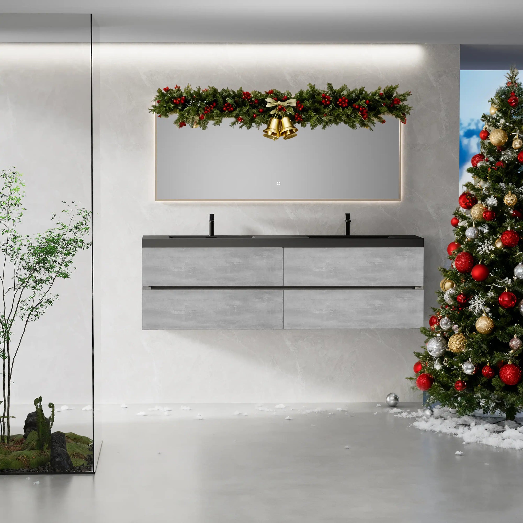 Grey floating vanity 72 x 19 with Christmas décor and tree in bathroom | Ace Decor