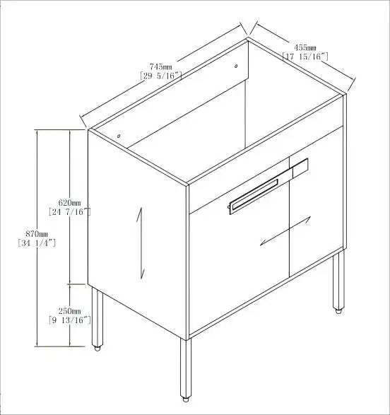 30" freestanding single bathroom vanity with sink dimension diagram showing cabinet depth, height, and metal leg structure | Ace Decor