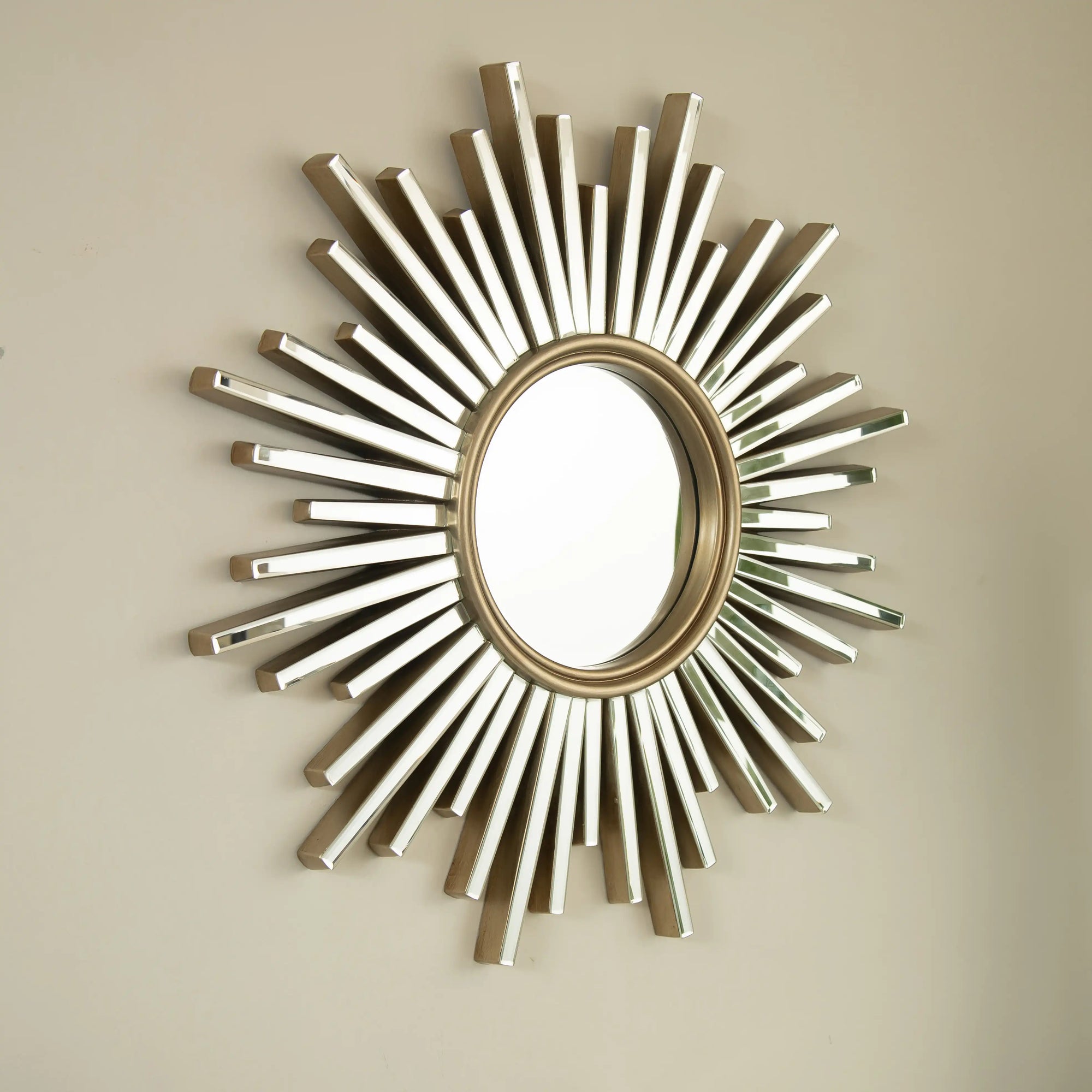 Angled close-up of 33&quot; modern large wall mirror featuring mirrored sunburst spokes | Ace Decor