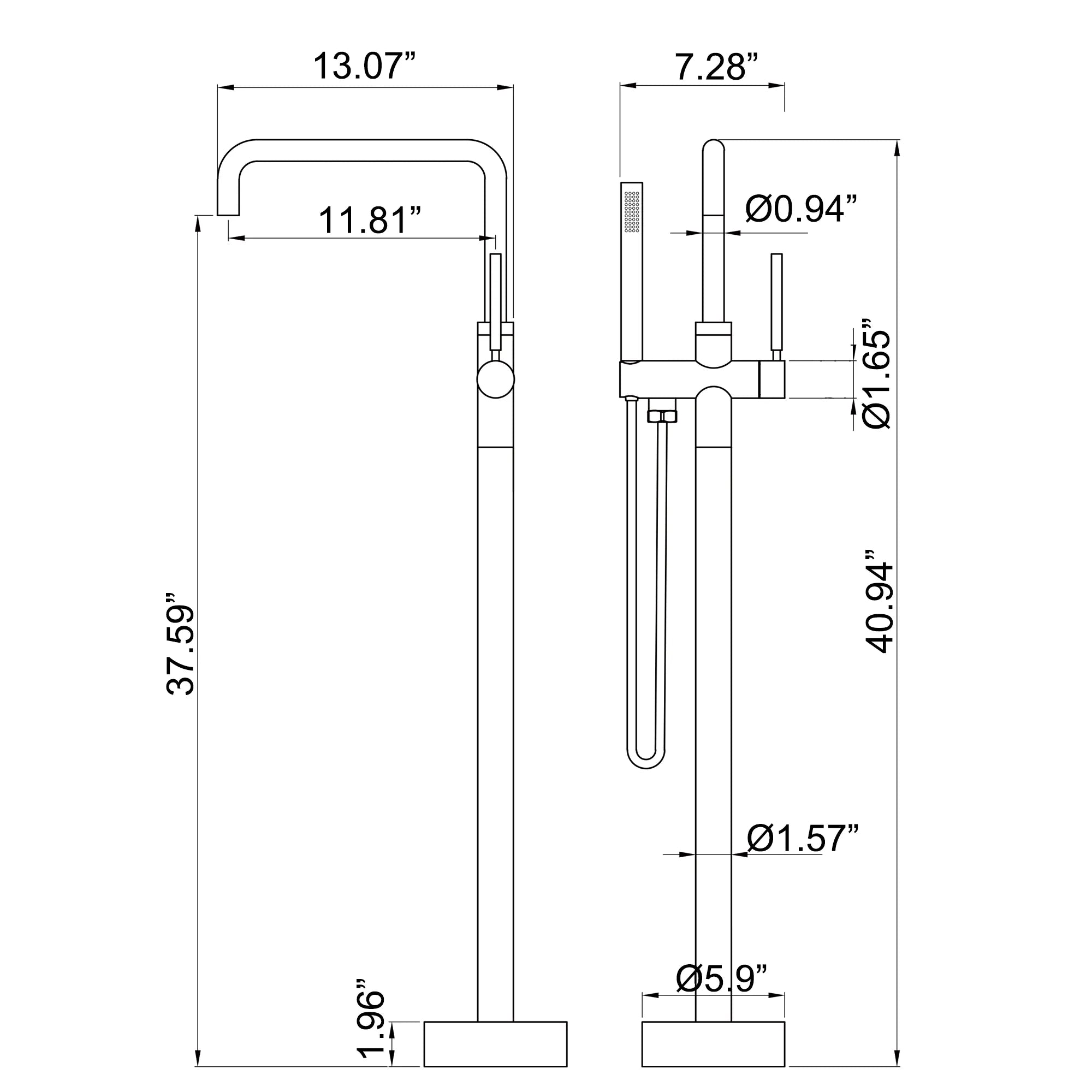 Dimensions diagram of the copper & stainless steel matte black freestanding tub faucet.