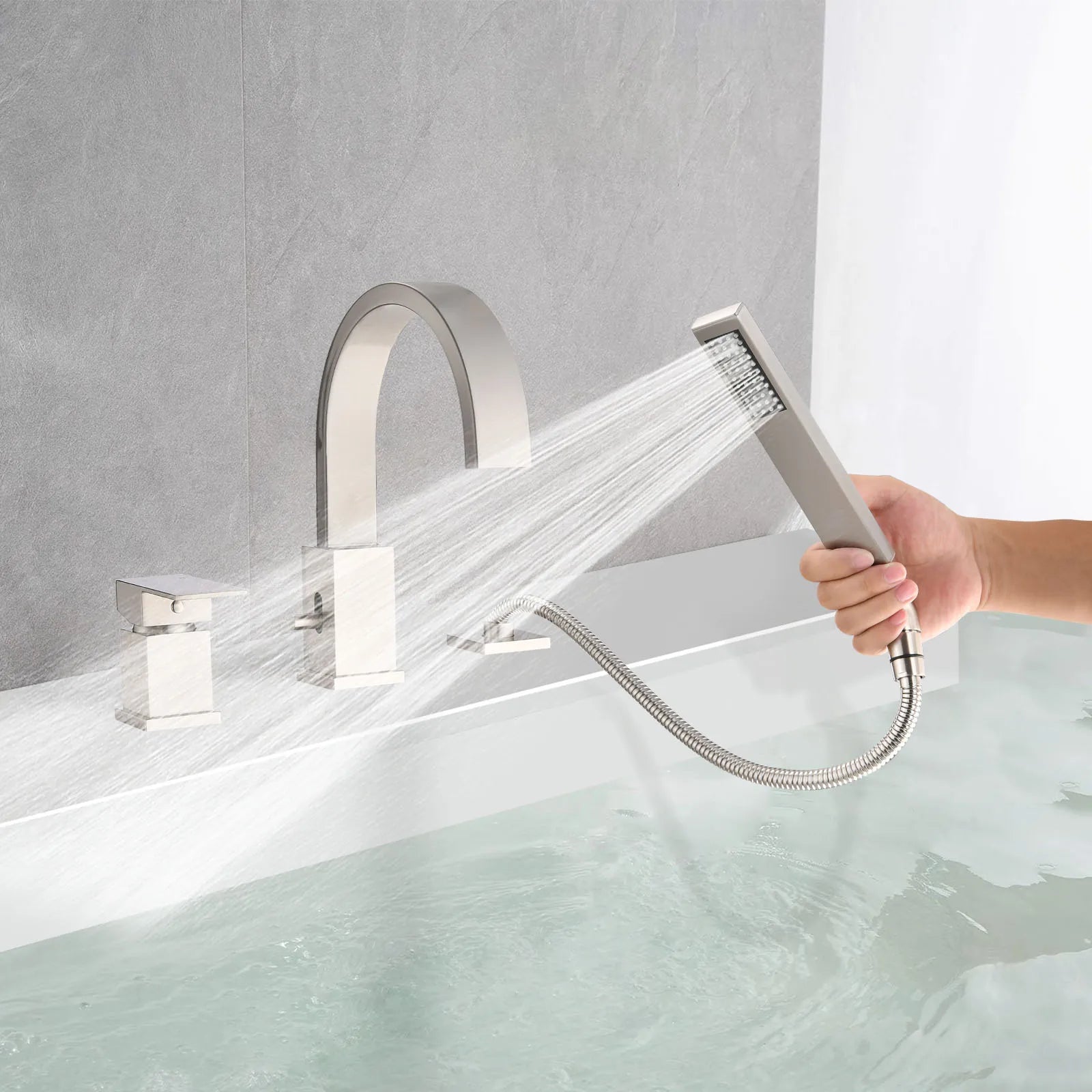 FLUNIX Brushed Nickel Brass Waterfall Roman Deck Mounted Tub Faucet Set with Hand Shower