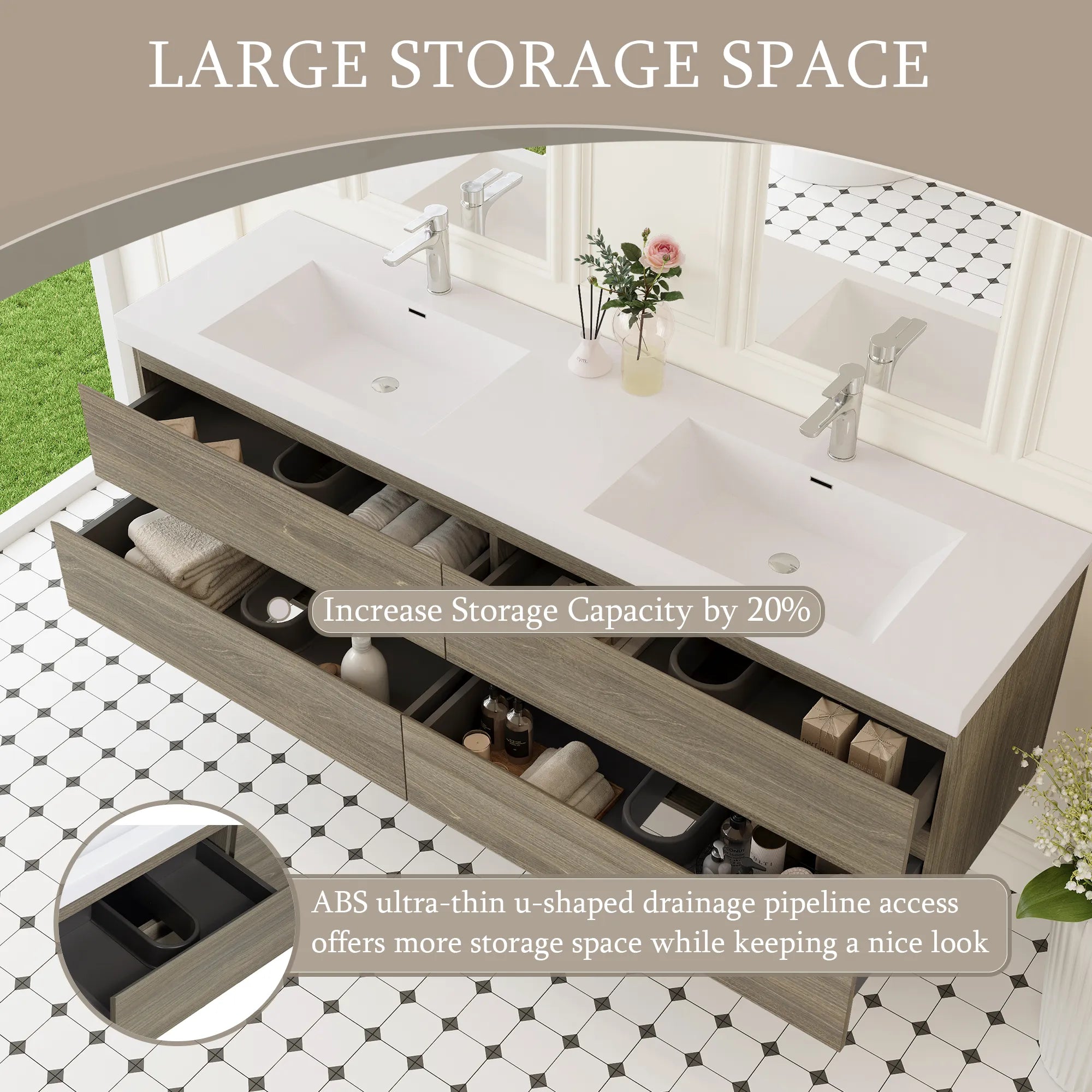 72-inch dark oak wall-mounted bathroom double sink vanity with four storage drawers.
