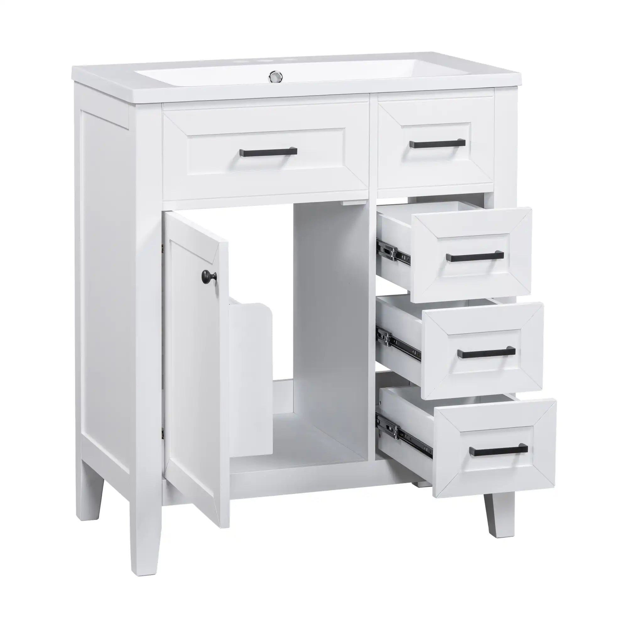 Elmsford freestanding white vanity with cabinet, drawers, and door-mounted storage rack.