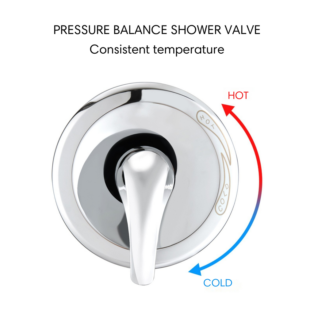 Briar single-handle pressure balance valve in chrome for hot and cold adjustment.
