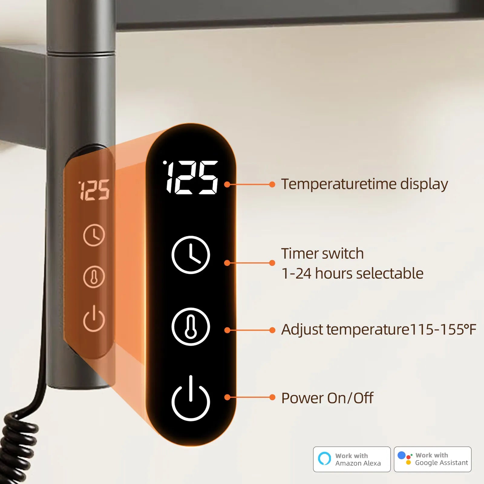 Close-up of LED touchscreen showing timer and temperature controls on Velin electric towel warmer for bathroom.