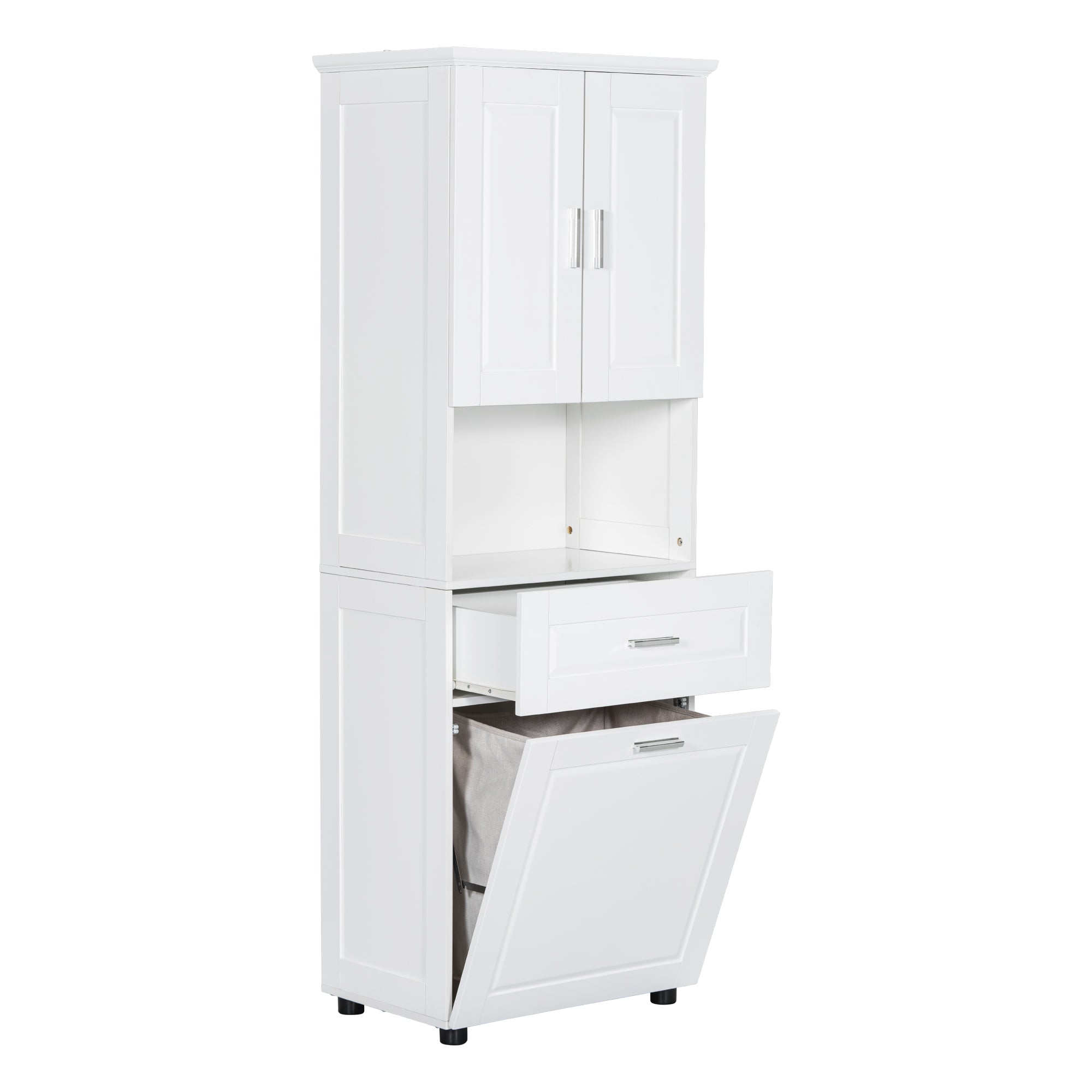 69.92” White Tall Bathroom Linen Cabinet with Open Shelves, Drawers &amp; Laundry Basket