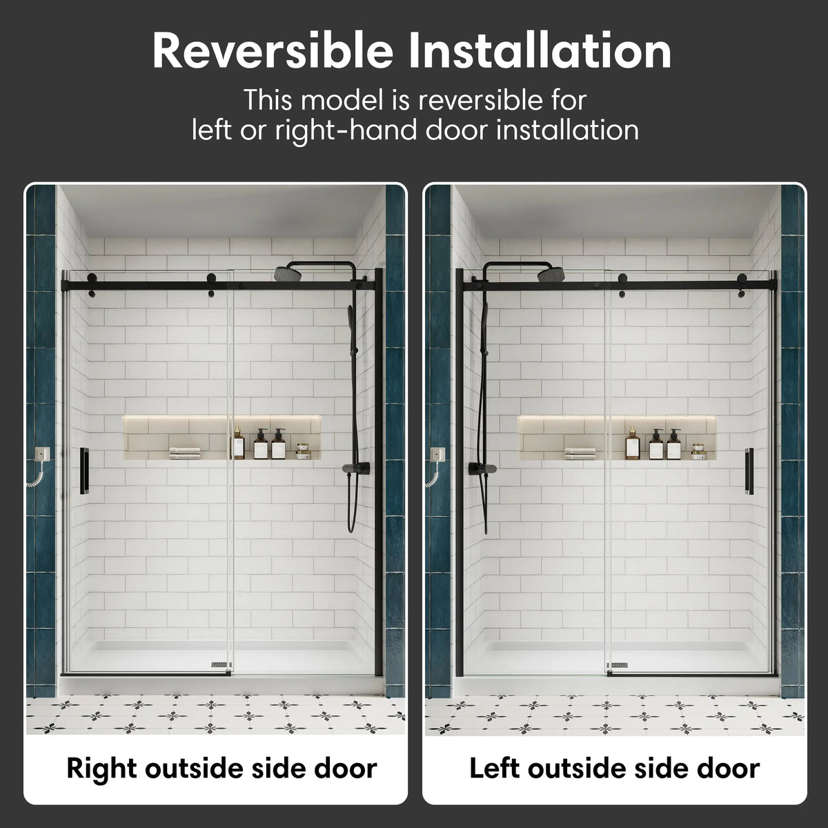 Lumora semi-frameless sliding shower door shown with right- and left-hand reversible installation | Ace Decor