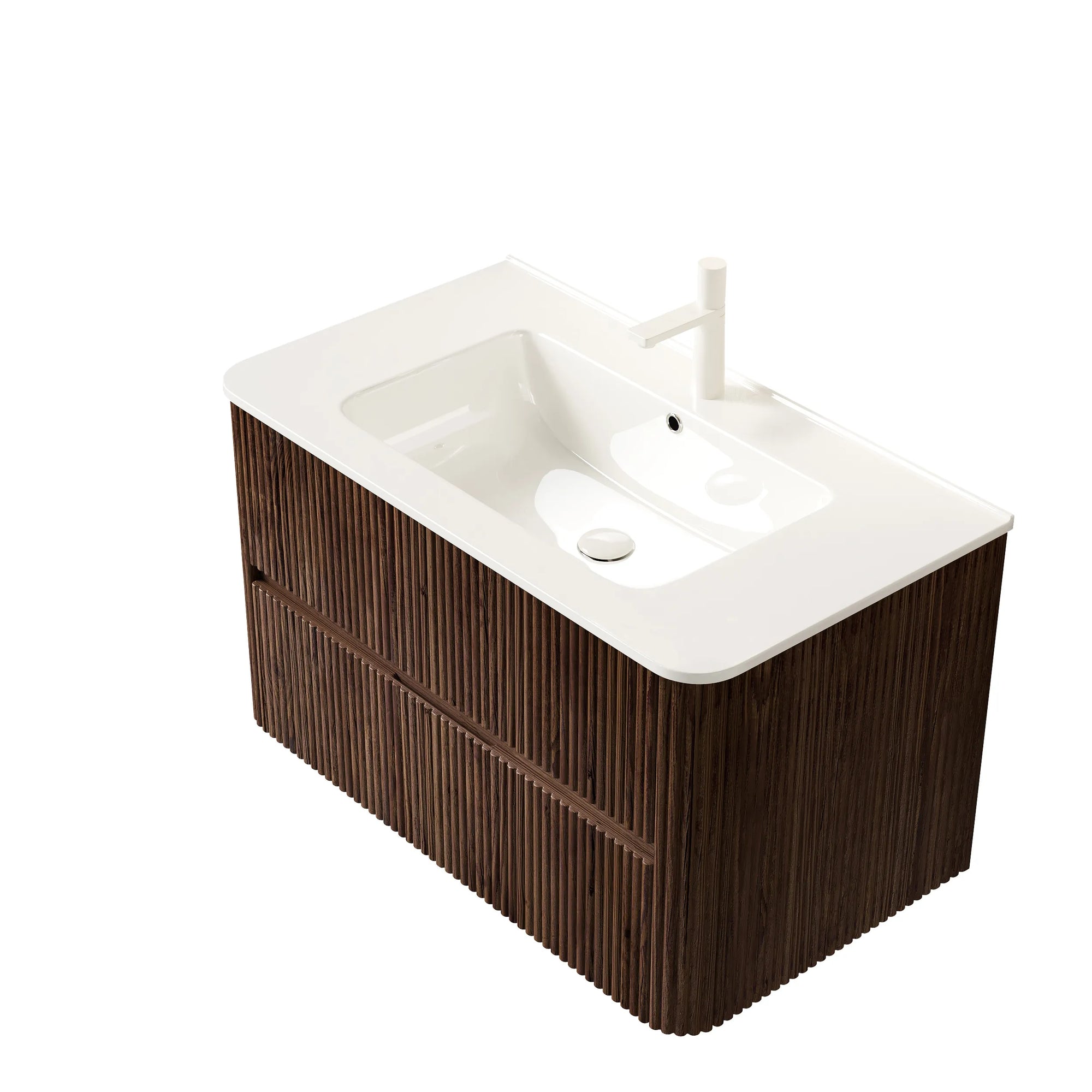 Ravello Series 36" Retro Walnut Wall-Mounted Vanity side view with fluted cabinet and ceramic sink top.