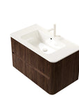 Ravello Series 36" Retro Walnut Wall-Mounted Vanity side view with fluted cabinet and ceramic sink top.