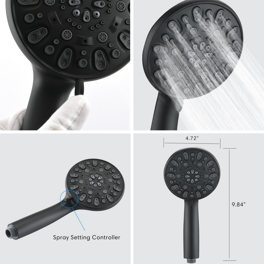 Briar dual shower system handheld shower head with 7 spray modes and silicone nozzles in matte black.