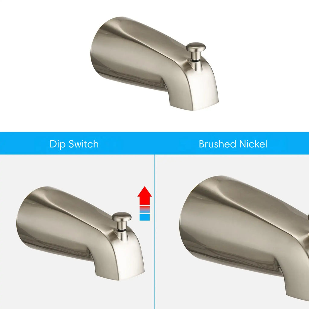 Briar brushed nickel all-metal tub spout with lift diverter for the dual shower and tub system.