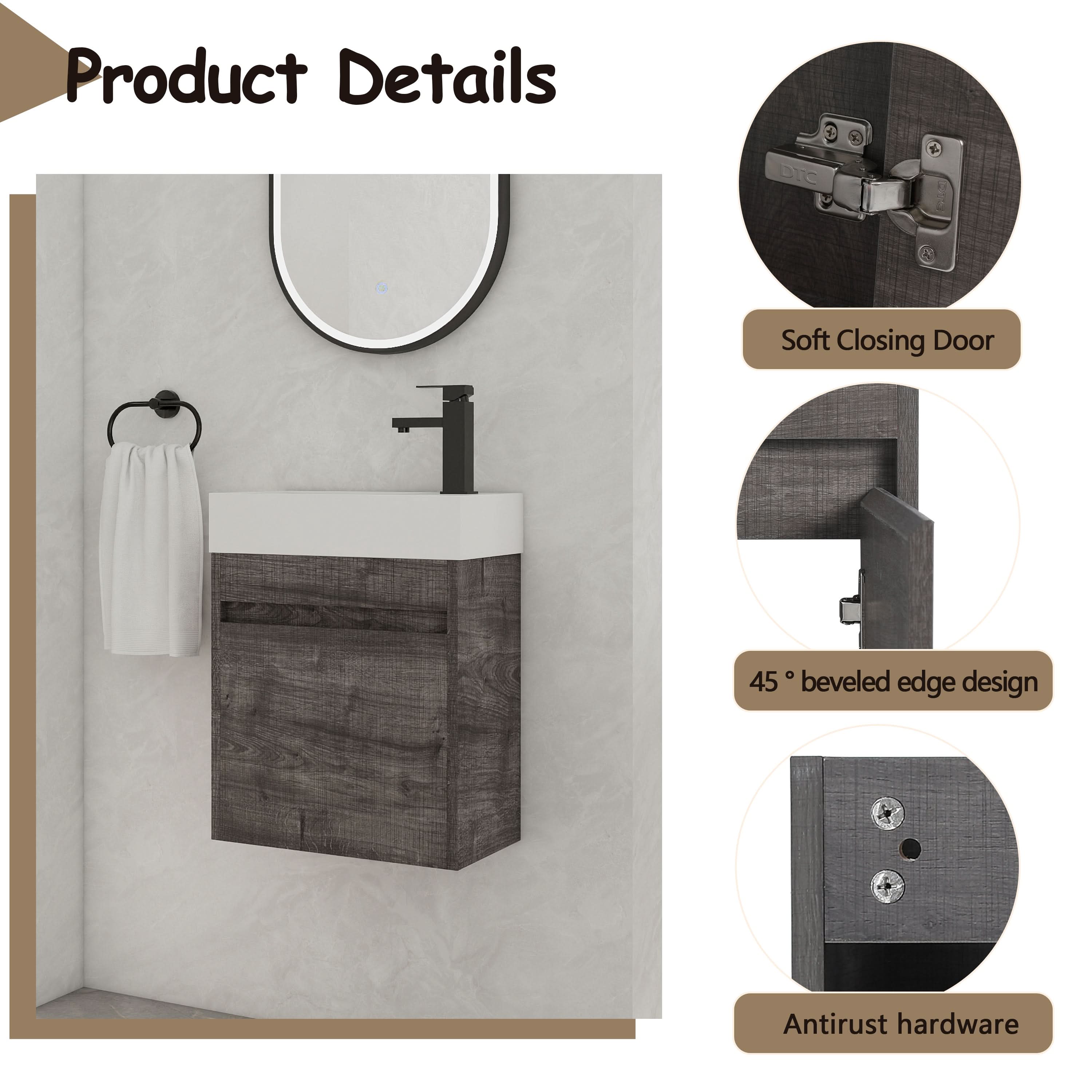 18'' Floating Bathroom Vanity with White Resin Sink & Soft-Close Door color: Plaid Grey Oak
