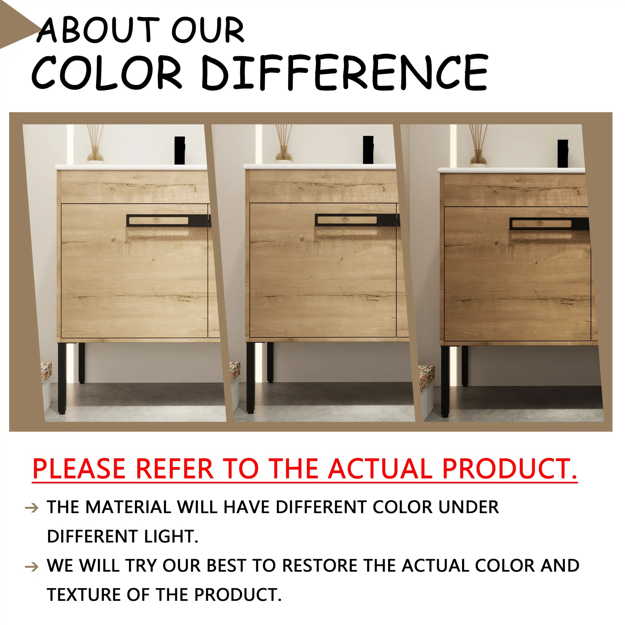 36" freestanding 36 inch bathroom vanity color variation example showing wood finish under different lighting conditions | Ace Decor