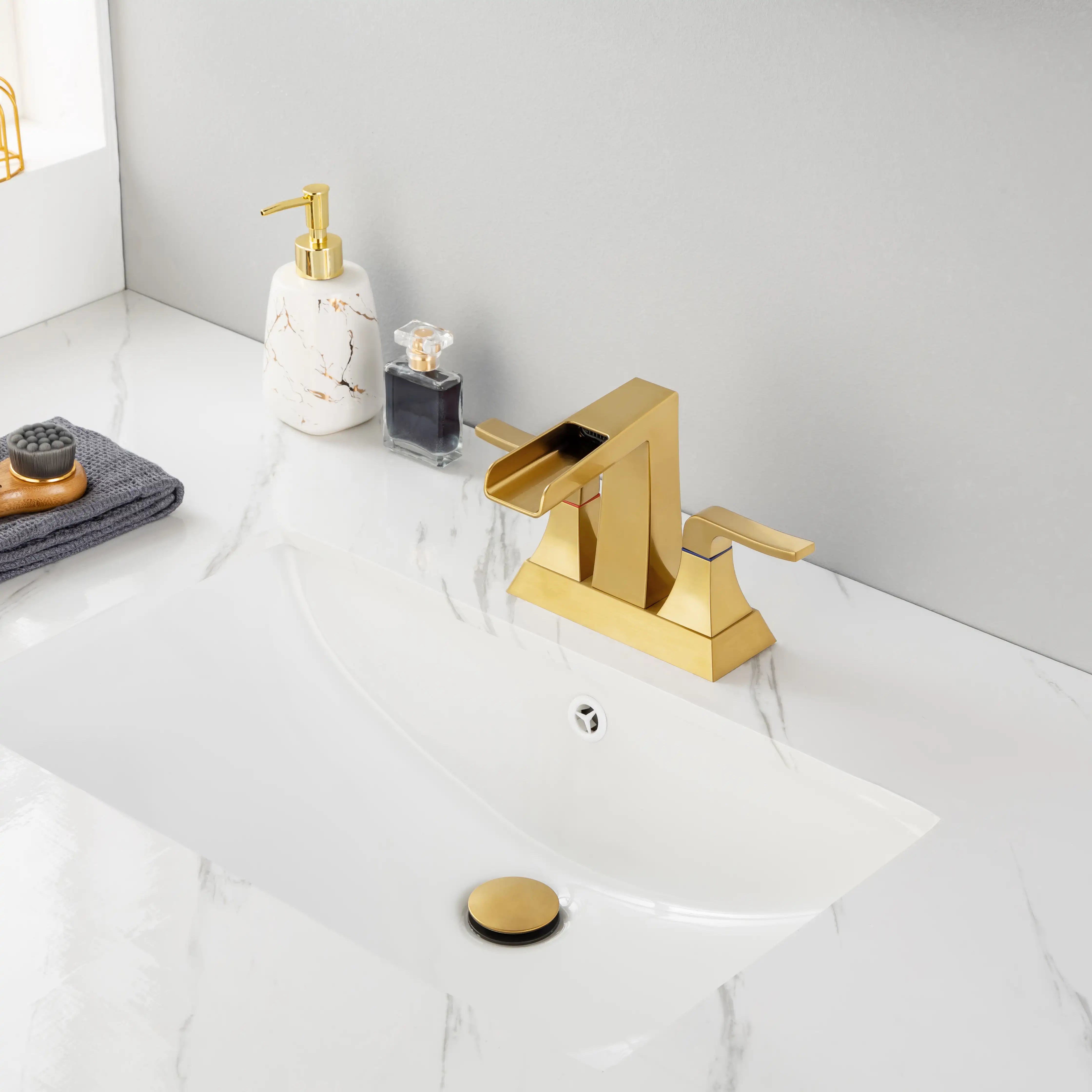 Aurora Series brushed gold bathroom sink faucet with widespread installation, stylish vanity setup