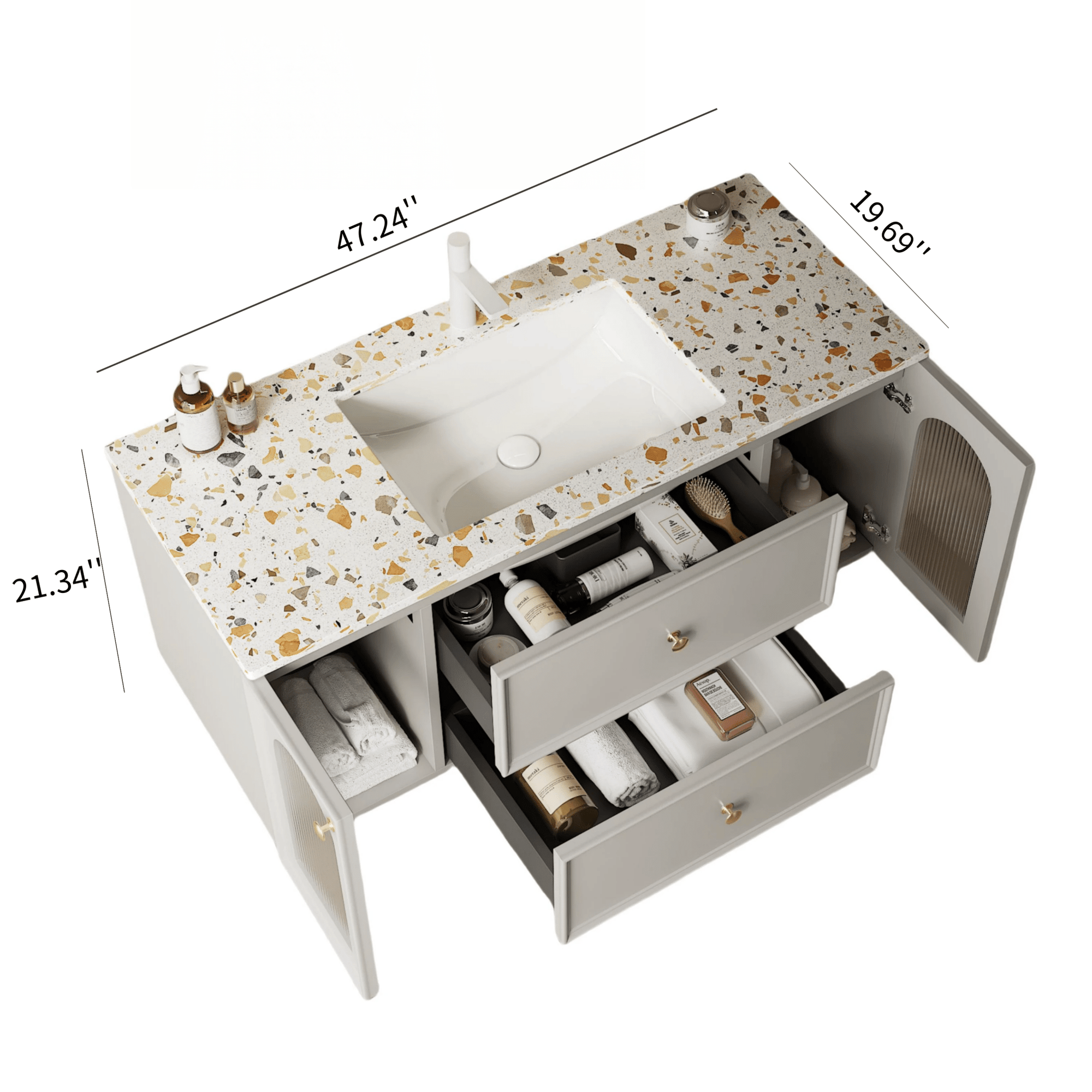 36/47" x 20" x 21" Modern Wall-Mounted Bathroom Vanity with Terrazzo Top and Ceramic Sink color: Matte White+Grayish