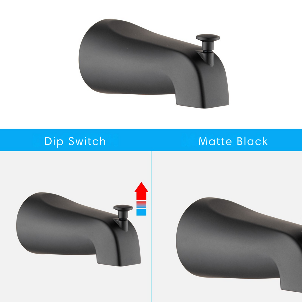 Briar matte black all-metal tub spout with lift diverter for the dual shower and tub system.