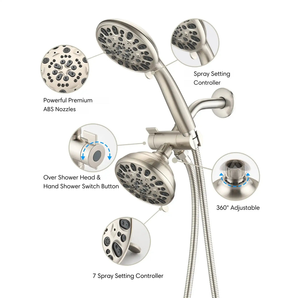 Briar brushed nickel dual shower head system with handheld and overhead spray, 7-mode controllers and switch button.