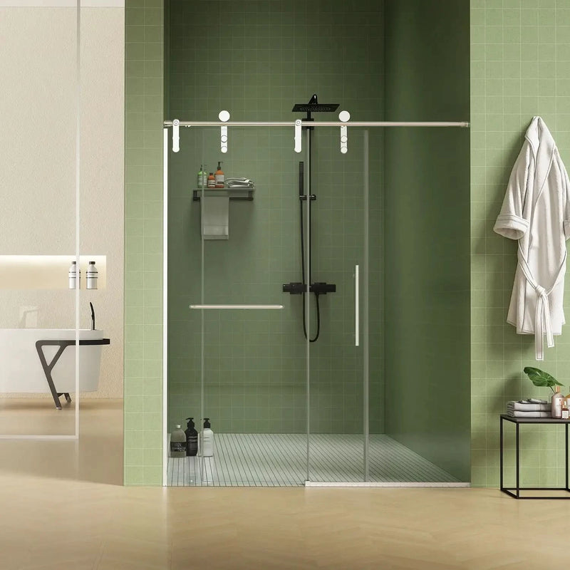 Vetra Series 60" x 70" Brushed Nickel Frameless Shower Sliding Door with Towel Bar