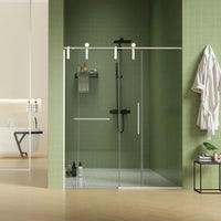 Bathroom scene showing shower door 60 x 76 in open sliding position with modern green tile design | Ace Decor