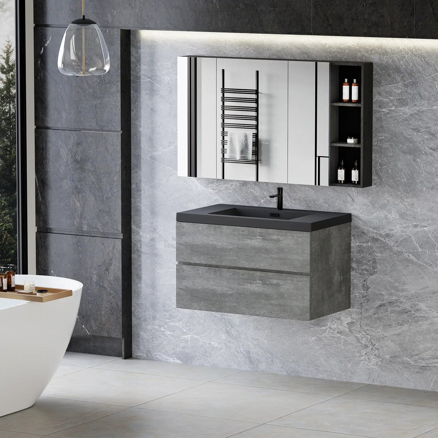 Floating Bathroom Vanity with Quartz Sand Basin and Soft Close Drawers color: Grey