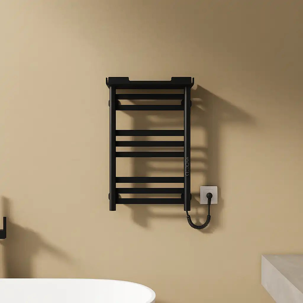 Matte black Thervon Series towel warmer nearby bathtub, 18 x 27 wall-mounted design for modern bathrooms | Ace Decor