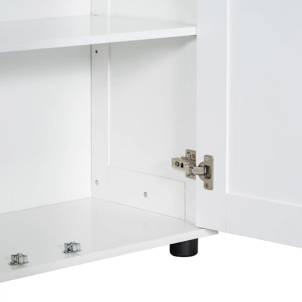 Close-up of stainless steel door hinge on 71.25-inch white tower bathroom cabinet, highlighting durable hardware.