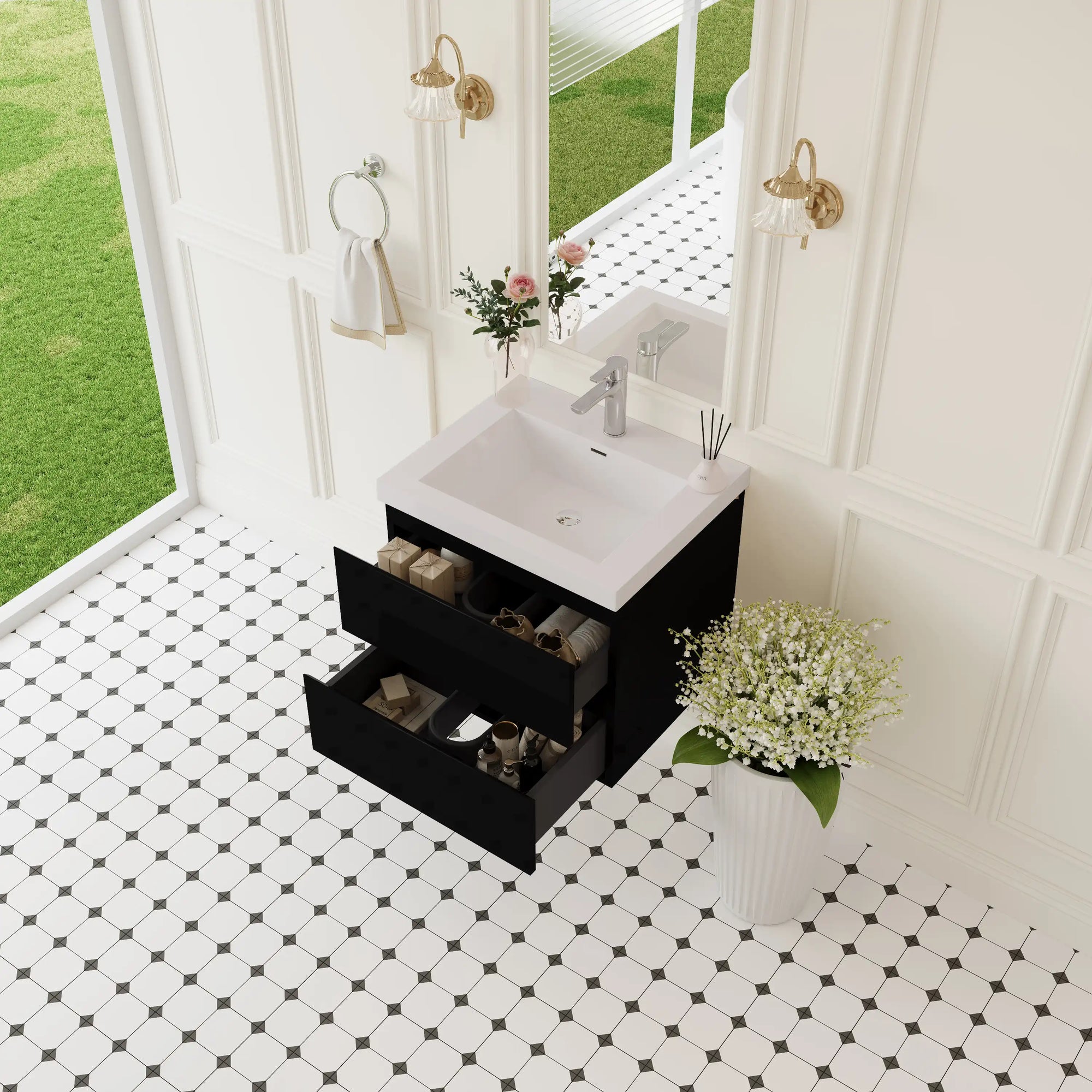 24" black single sink bathroom vanity with two open storage drawers in a bright modern bathroom.