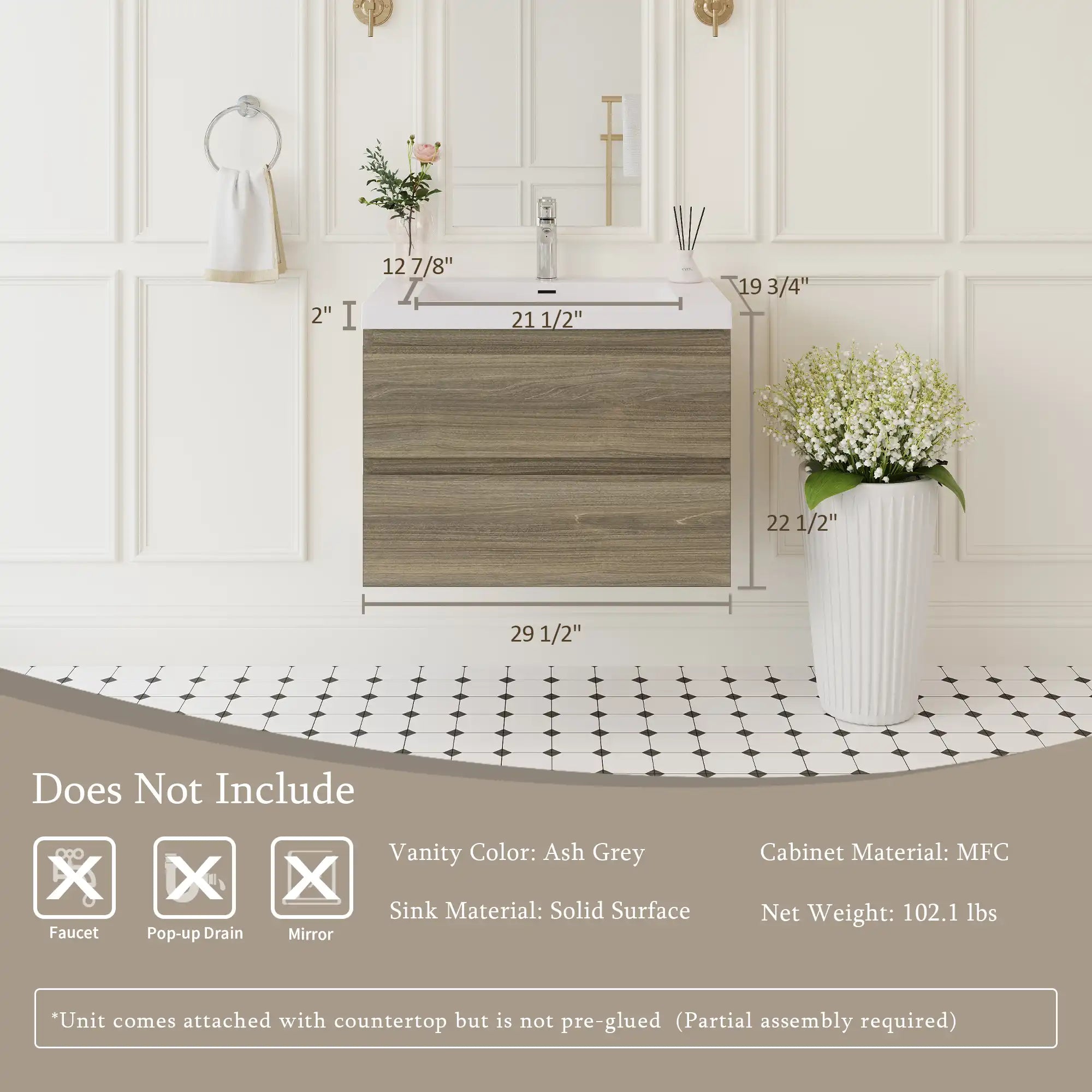 Oakmere Series 30" Ash Grey Bathroom Floating Vanity with Resin Sink &amp; 2 Soft-Close Drawers