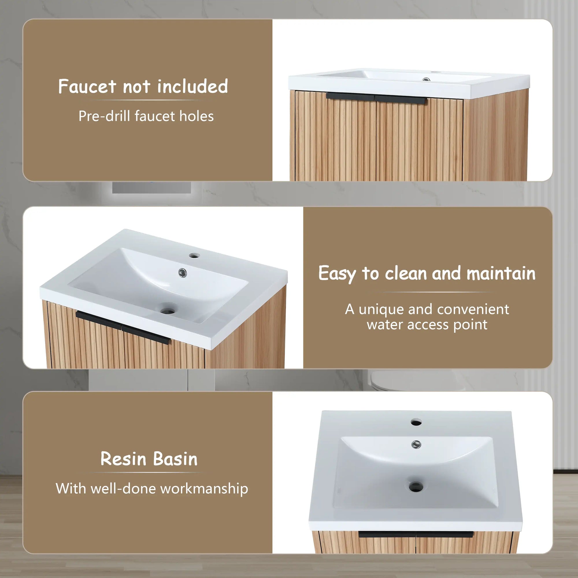 Freestanding 24 inch bathroom vanity with sink feature overview and resin basin details | Ace Decor