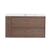 36" brown oak floating vanity front view for modern 36 inch wall mounted bathroom | Ace Decor