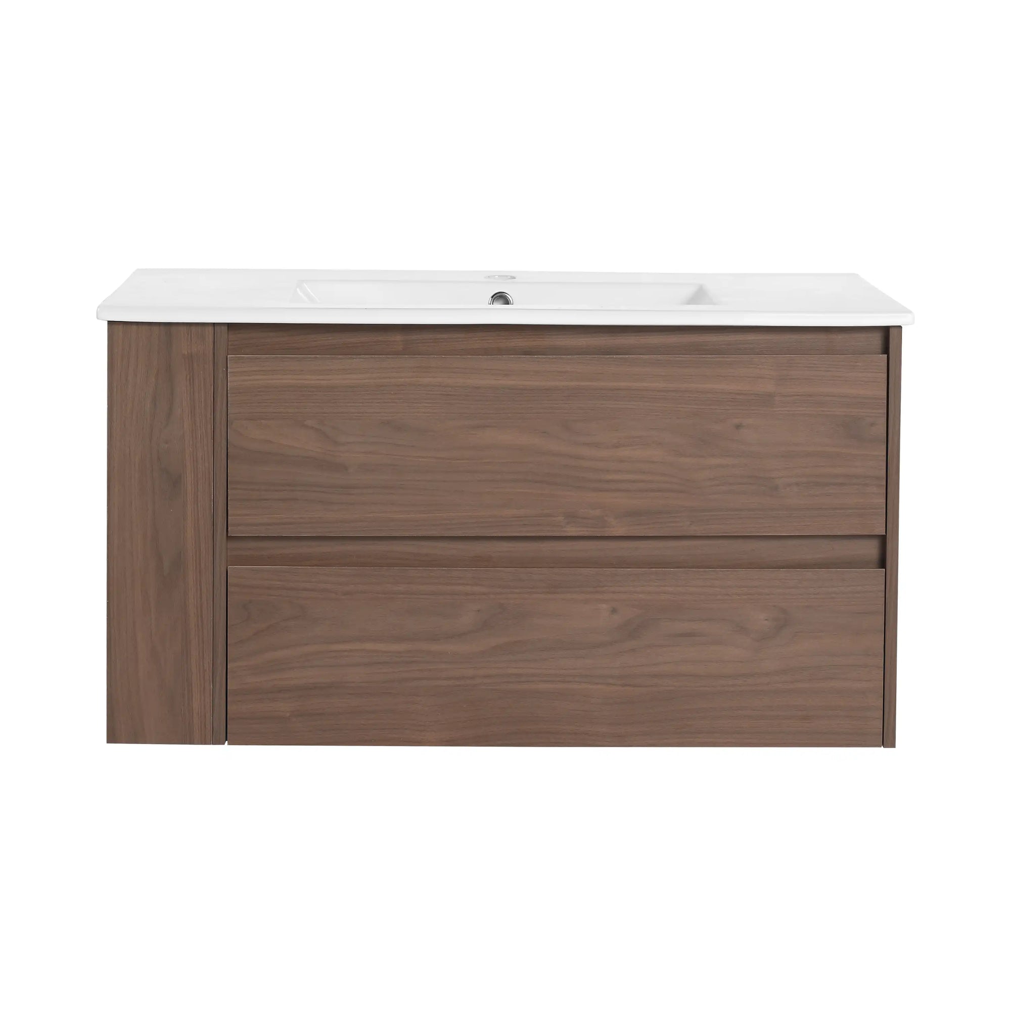 36" brown oak floating vanity front view for modern 36 inch wall mounted bathroom | Ace Decor