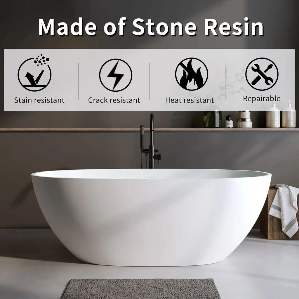 Abyss Series freestanding bathtub made of durable, easy-maintain stone resin material, featuring crack, stain, and heat resistant, repairable surface.