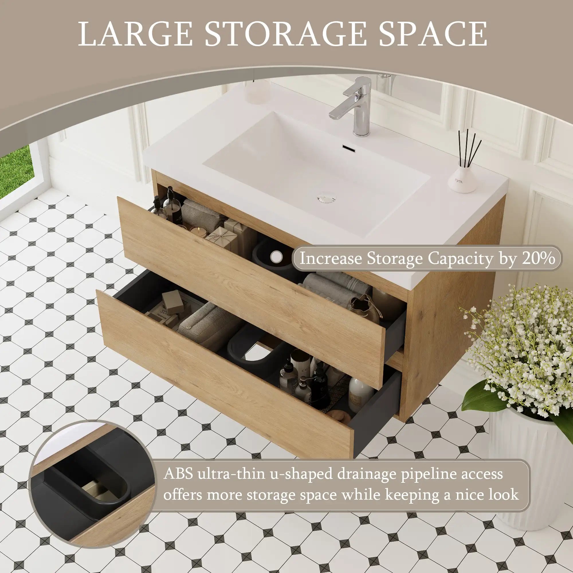 Oakmere Series 36" Natural Oak Bathroom Floating Vanity with Resin Sink &amp; 2 Soft-Close Drawers
