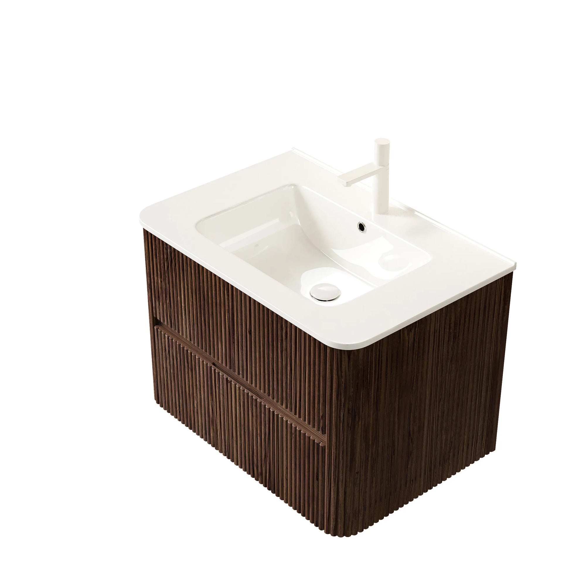 Ravello Series 30" Retro Walnut Wall-Mounted Vanity side view with fluted cabinet and ceramic sink top.
