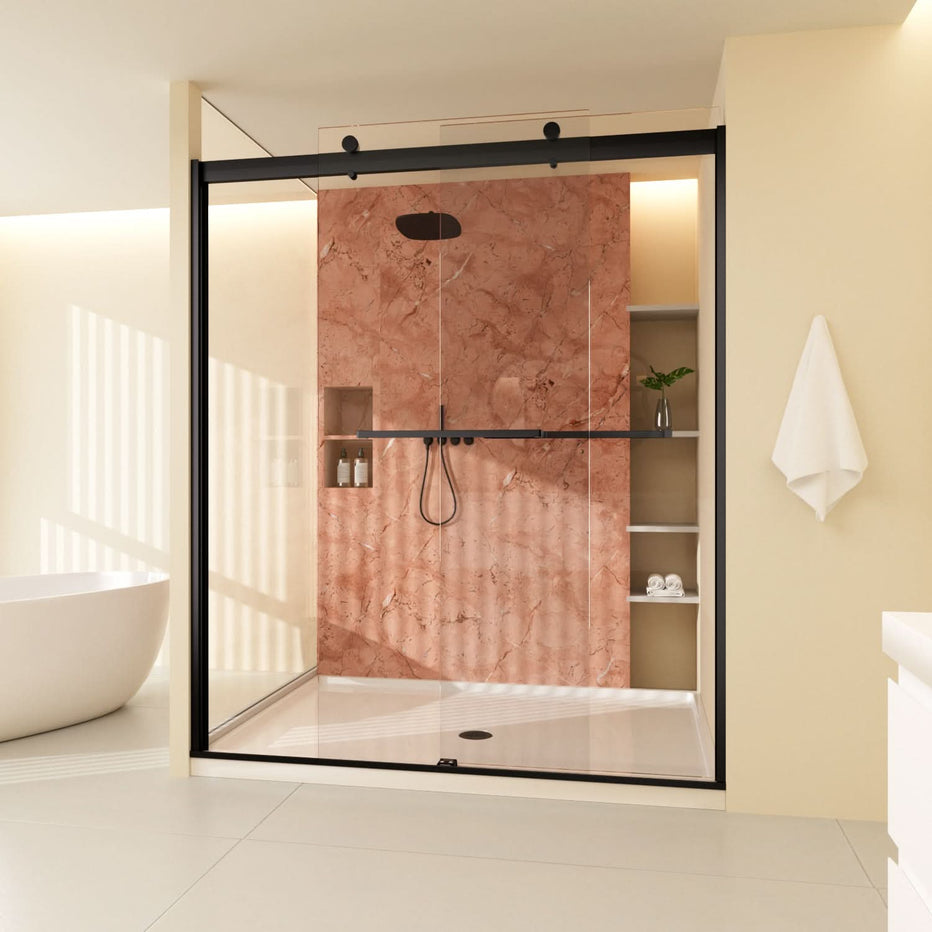 56-60 W x 74 H Matte Black Semi-Frameless Glass Sliding Shower Doors