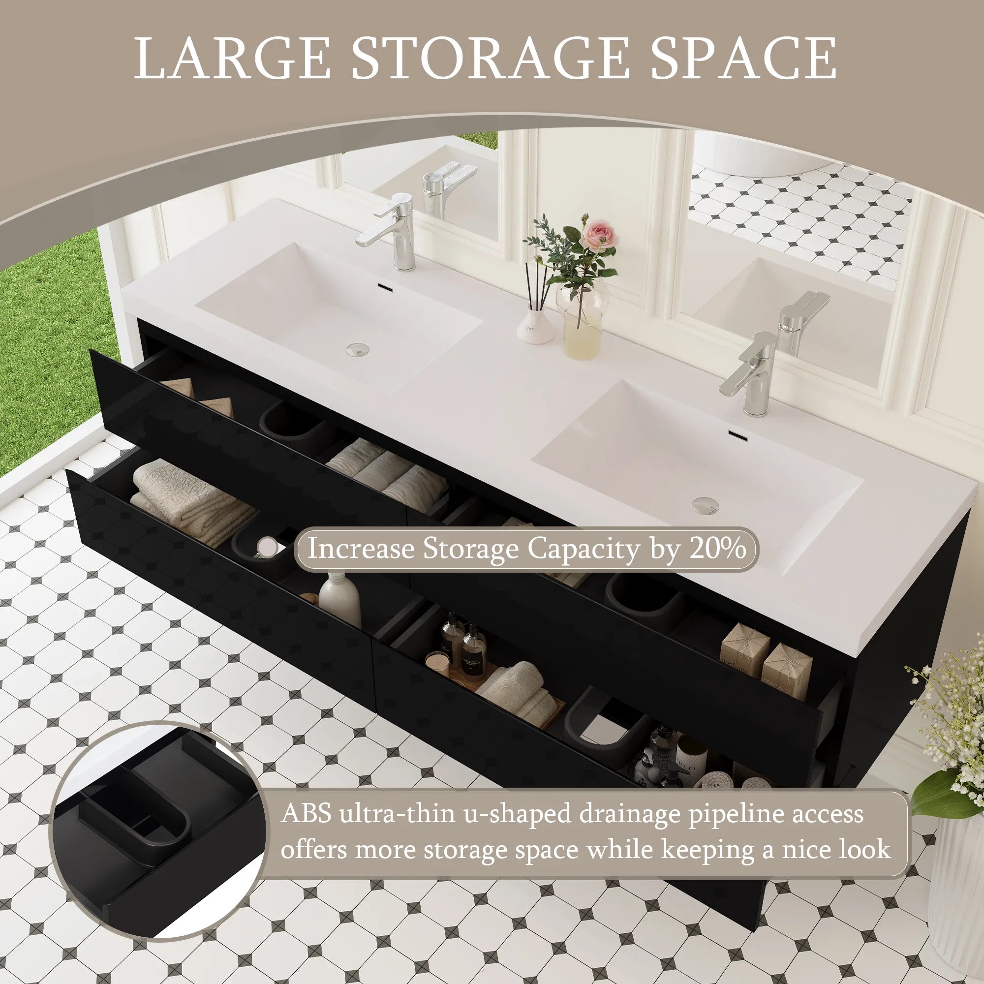 72-inch black wall-mounted double sink vanity with four storage drawers.