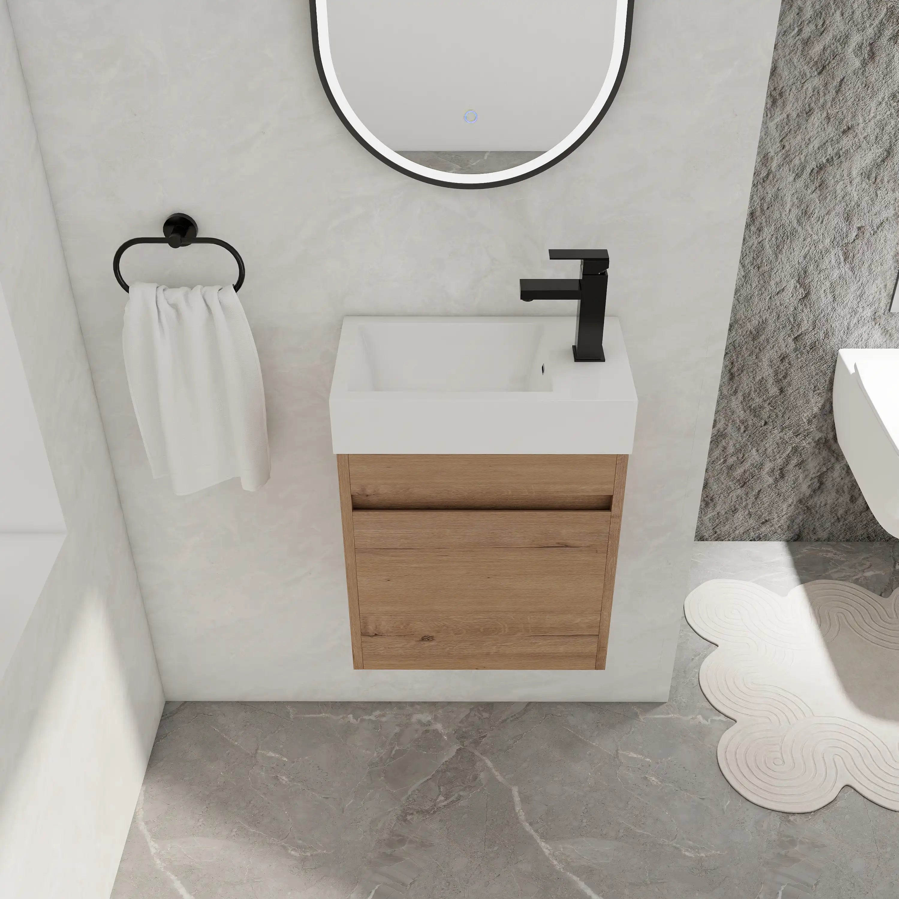 Top-down view of 18" wall mount bathroom sink vanity with integrated resin sink in a compact bathroom layout.