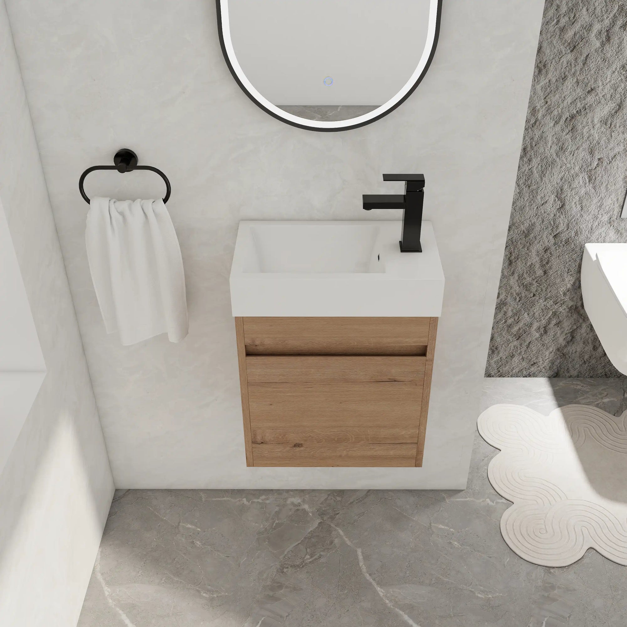 Top-down view of 18" wall mount bathroom sink vanity with integrated resin sink in a compact bathroom layout | Ace Decor