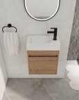 Top-down view of 18" wall mount bathroom sink vanity with integrated resin sink in a compact bathroom layout | Ace Decor
